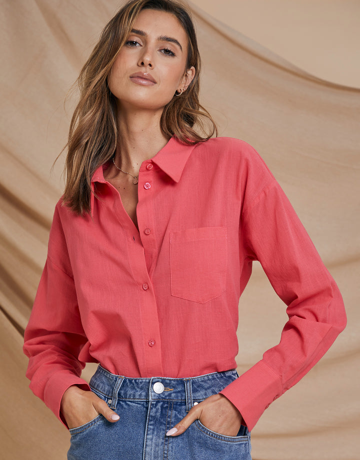 Pink Longline Linen Look Cotton Shirt