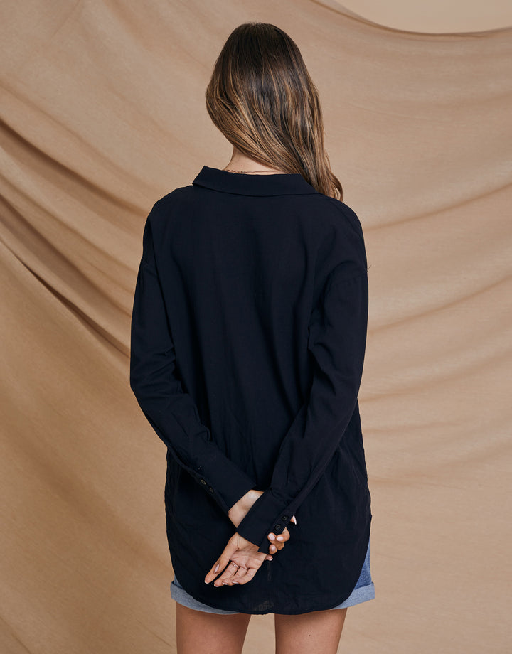 Black Longline Linen Look Cotton Shirt