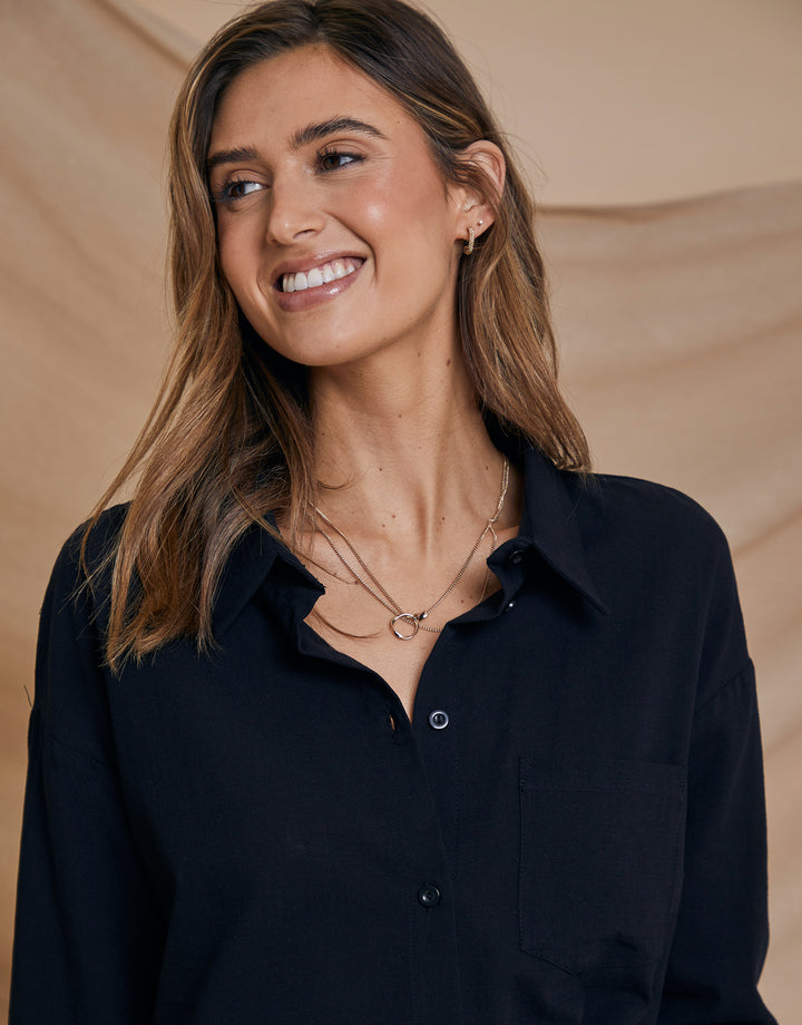 Black Longline Linen Look Cotton Shirt