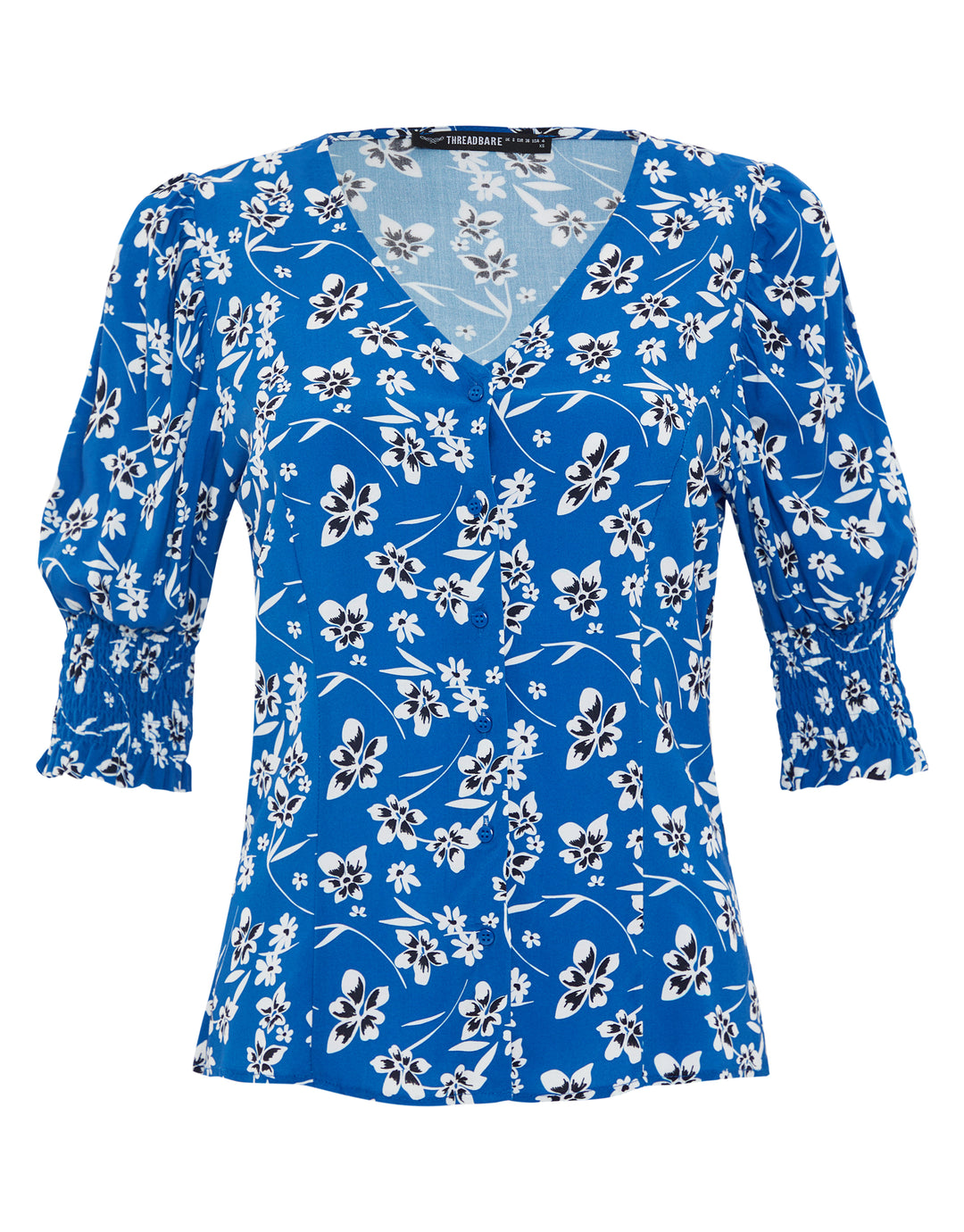 Blue Floral Print Short Sleeve Blouse