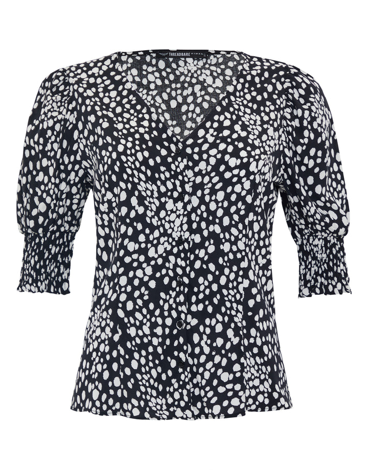 Black Abstract Dot Print Short Sleeve Blouse