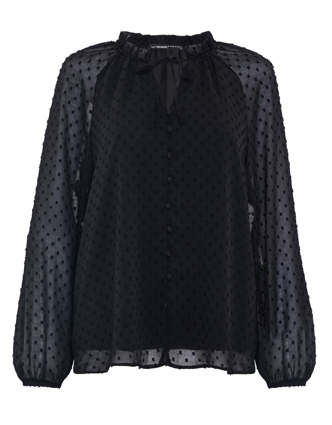 Threadbare Women’s Black Tie Collar Shirred Dobby Blouse