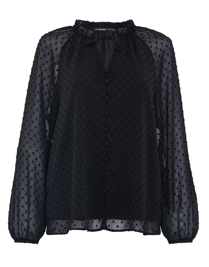 Threadbare Women’s Black Tie Collar Shirred Dobby Blouse