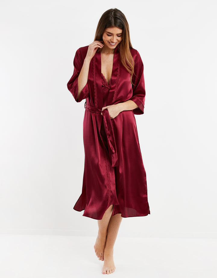 Burgundy Satin Kimono Robe