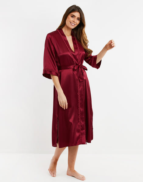 Women's Burgundy Red Satin Midi Kimono Robe Ladies' Dressing Gown ...