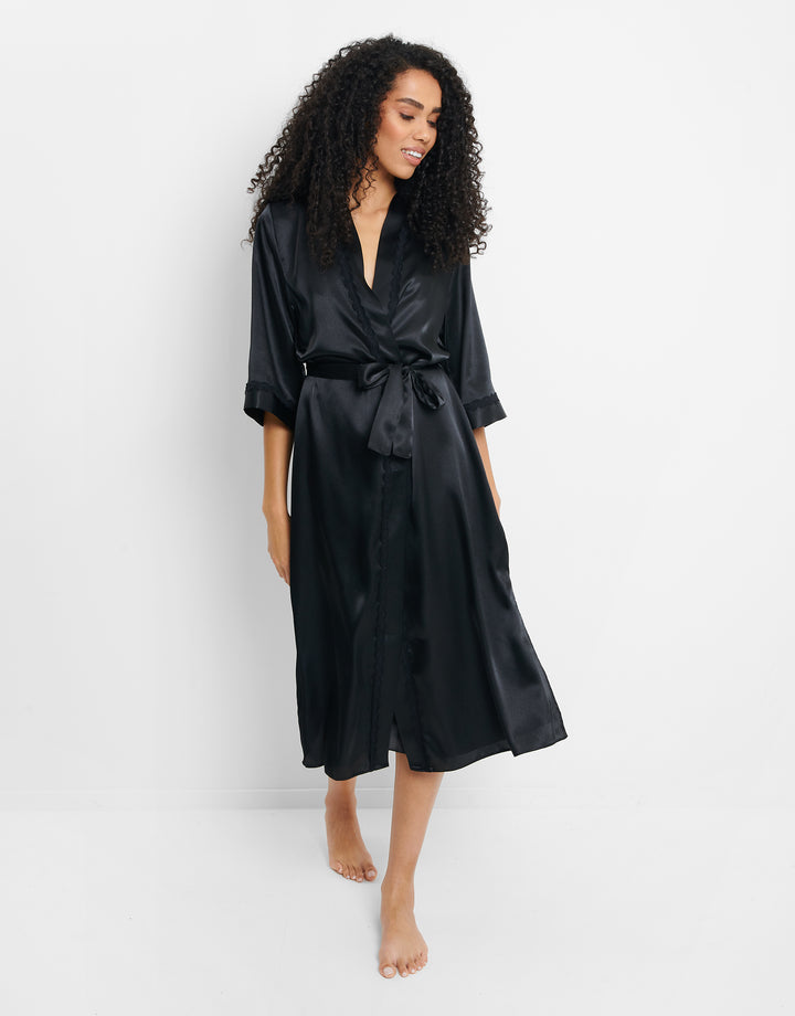 Black Satin Kimono Robe