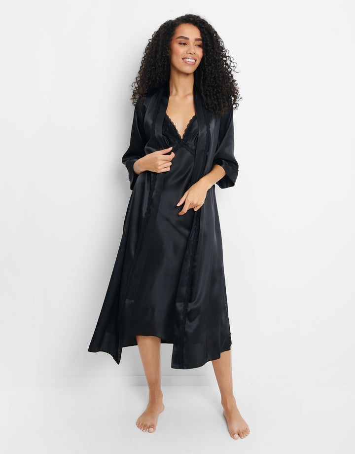 Black Satin Kimono Robe