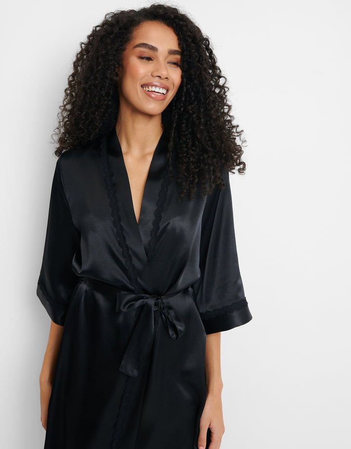 Black Satin Kimono Robe