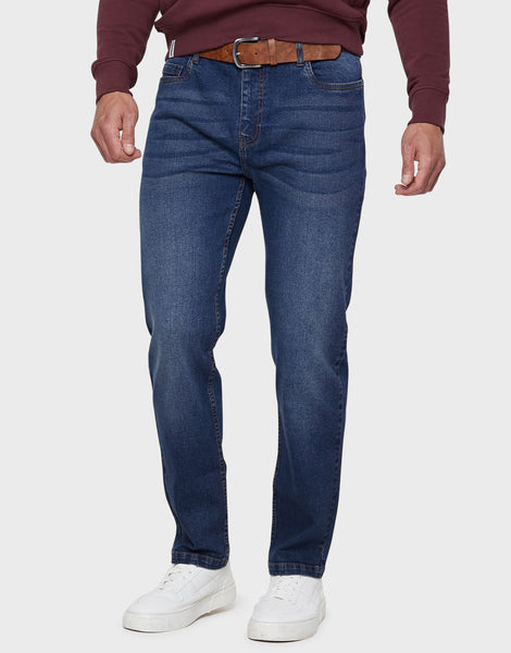 Men's Mid Blue Straight Leg Belted Jeans – Threadbare