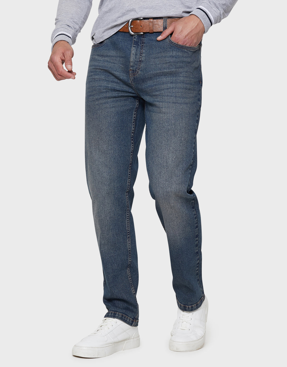 Men's Dirty Wash Blue Straight Leg Belted Jeans – Threadbare
