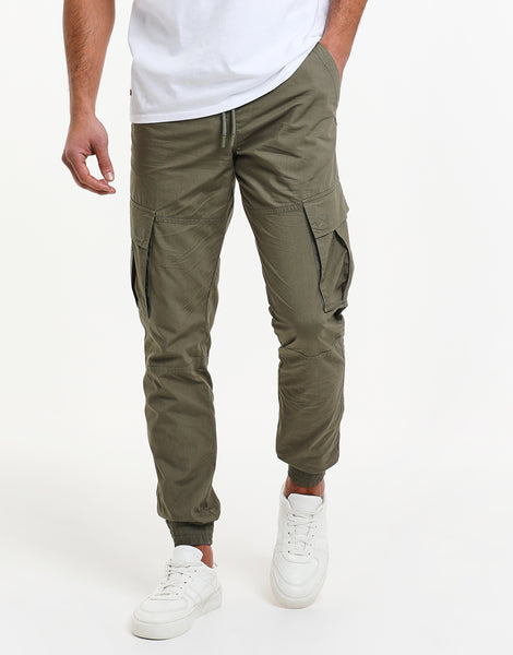 Men's Khaki Green Cuffed Cargo Trouser Combat Pants – Threadbare