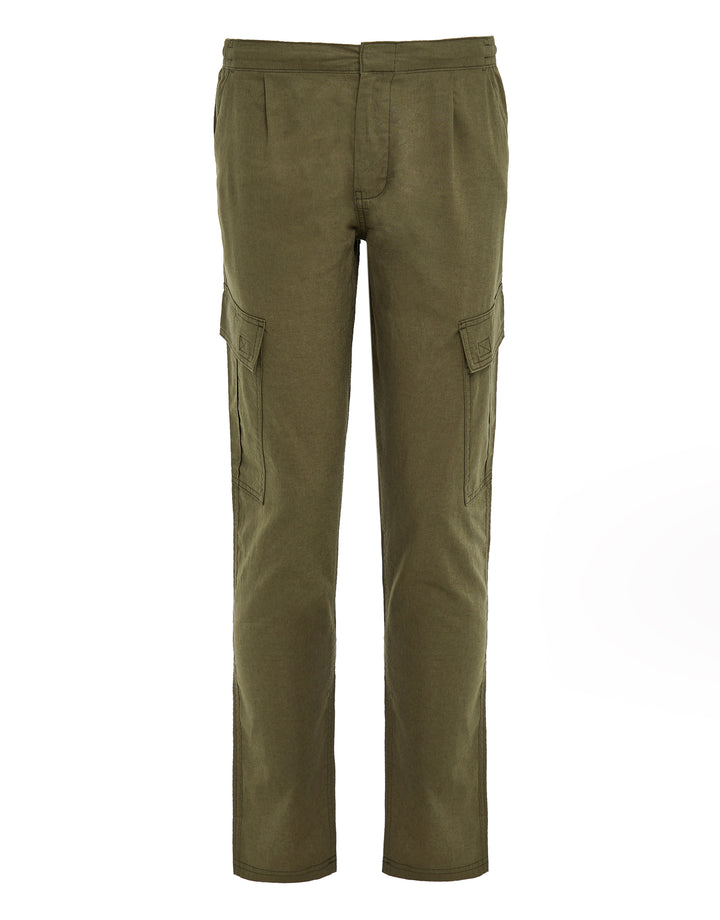 Khaki Green Linen Mix Cargo Trousers