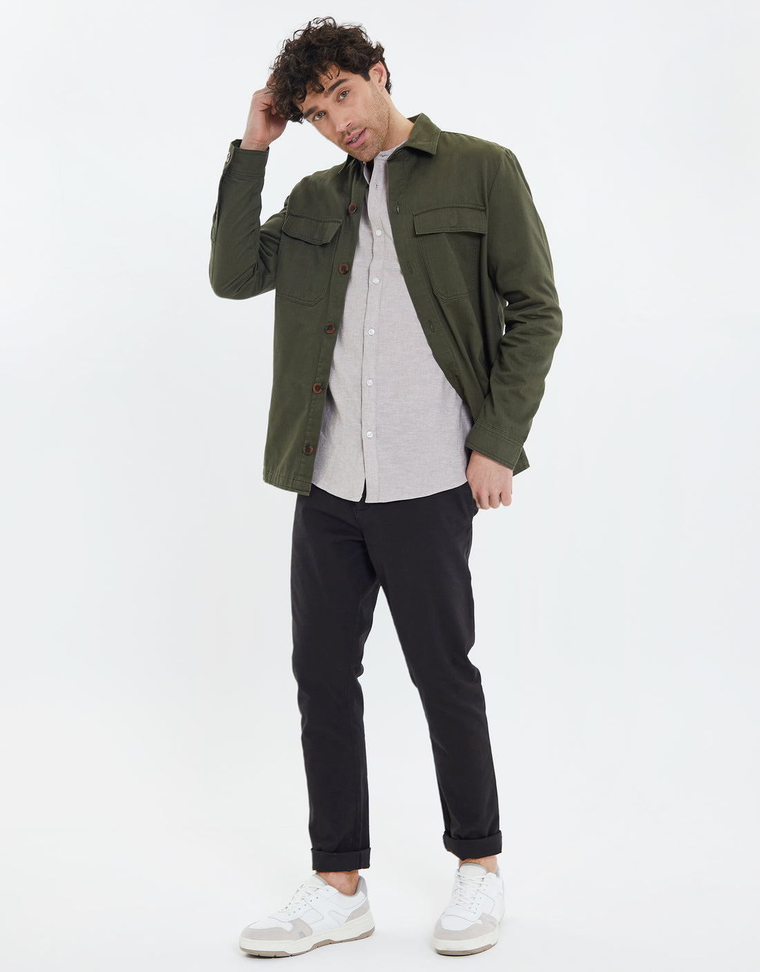 Men's Khaki Green Long Sleeve Lightweight Cotton Shacket – Threadbare
