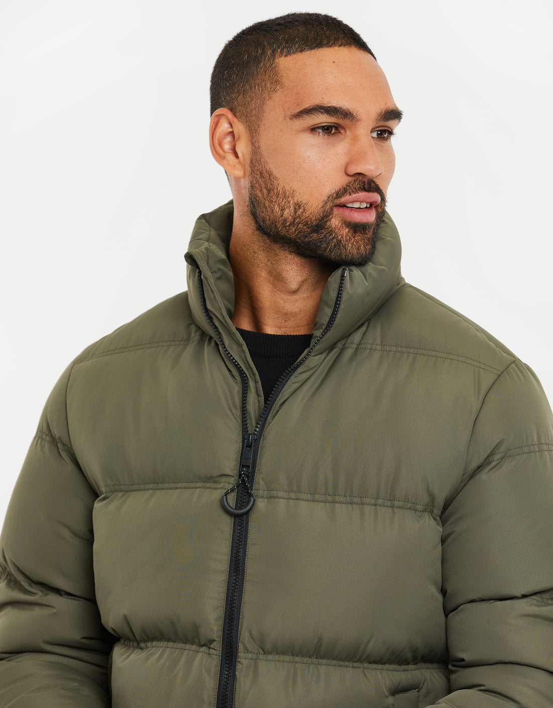 Men's Khaki Green Funnel Neck Padded Puffer Jacket Threadbare