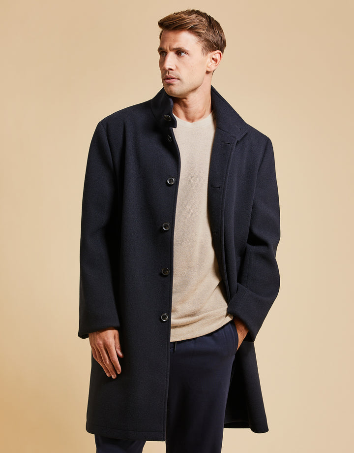 Threadbare Luxe Men's Navy Funnel Neck Tailored Coat