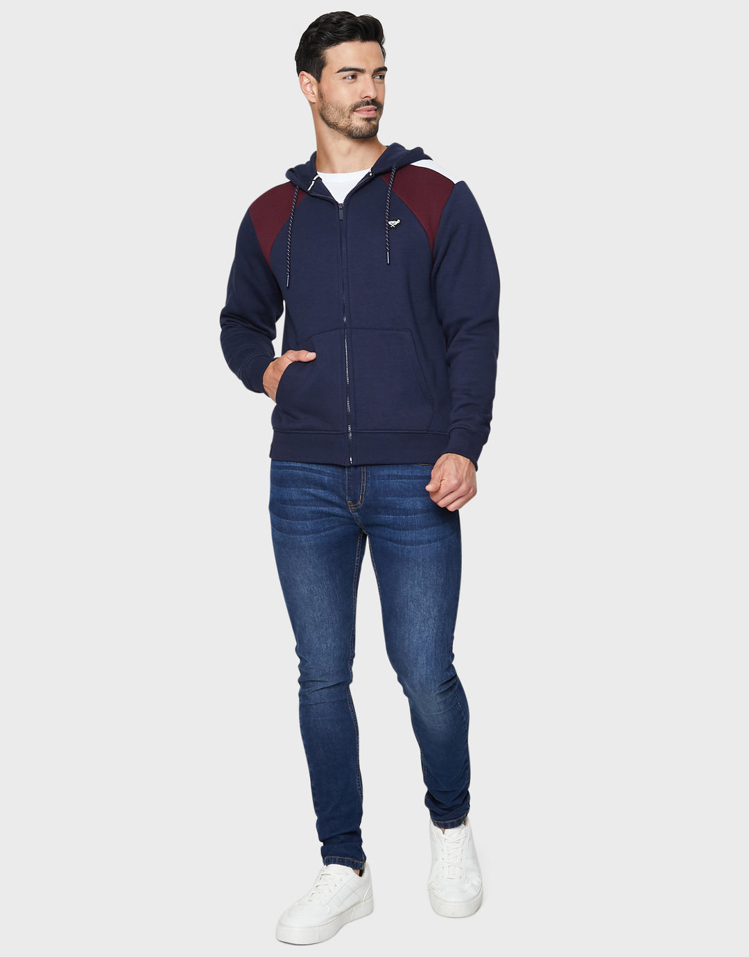 Navy Colourblock Zip-Through Hoodie