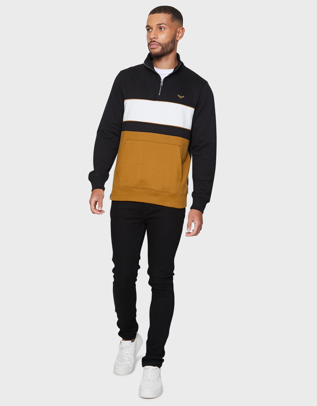 Black & Camel Colourblock Quarter Zip Jumper