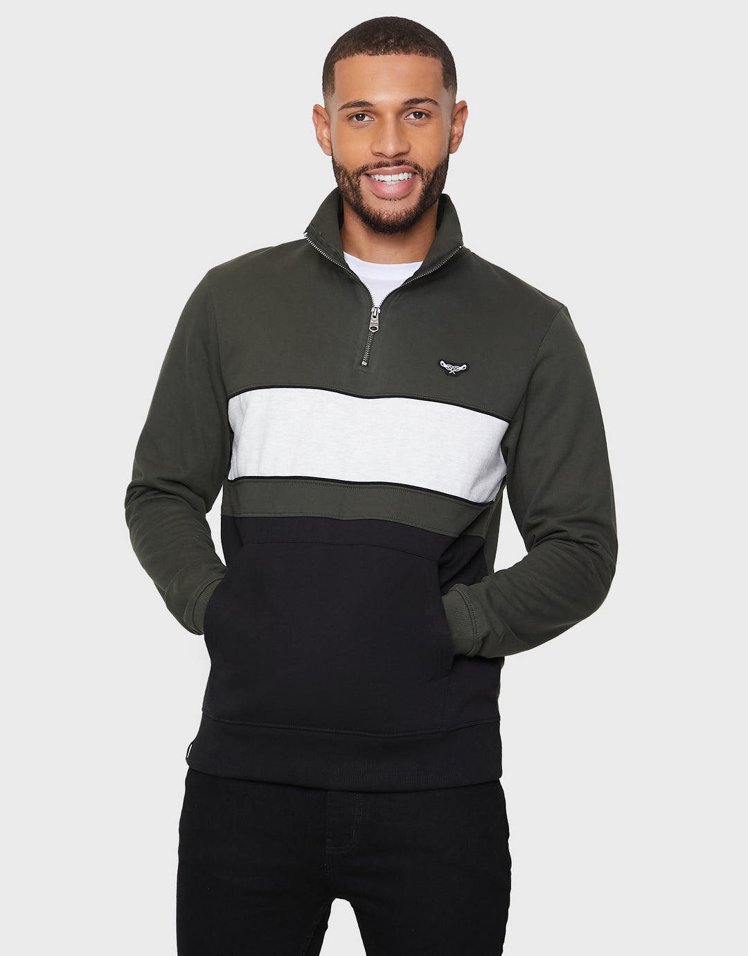 Dark Khaki Green Colourblock Quarter Zip Jumper