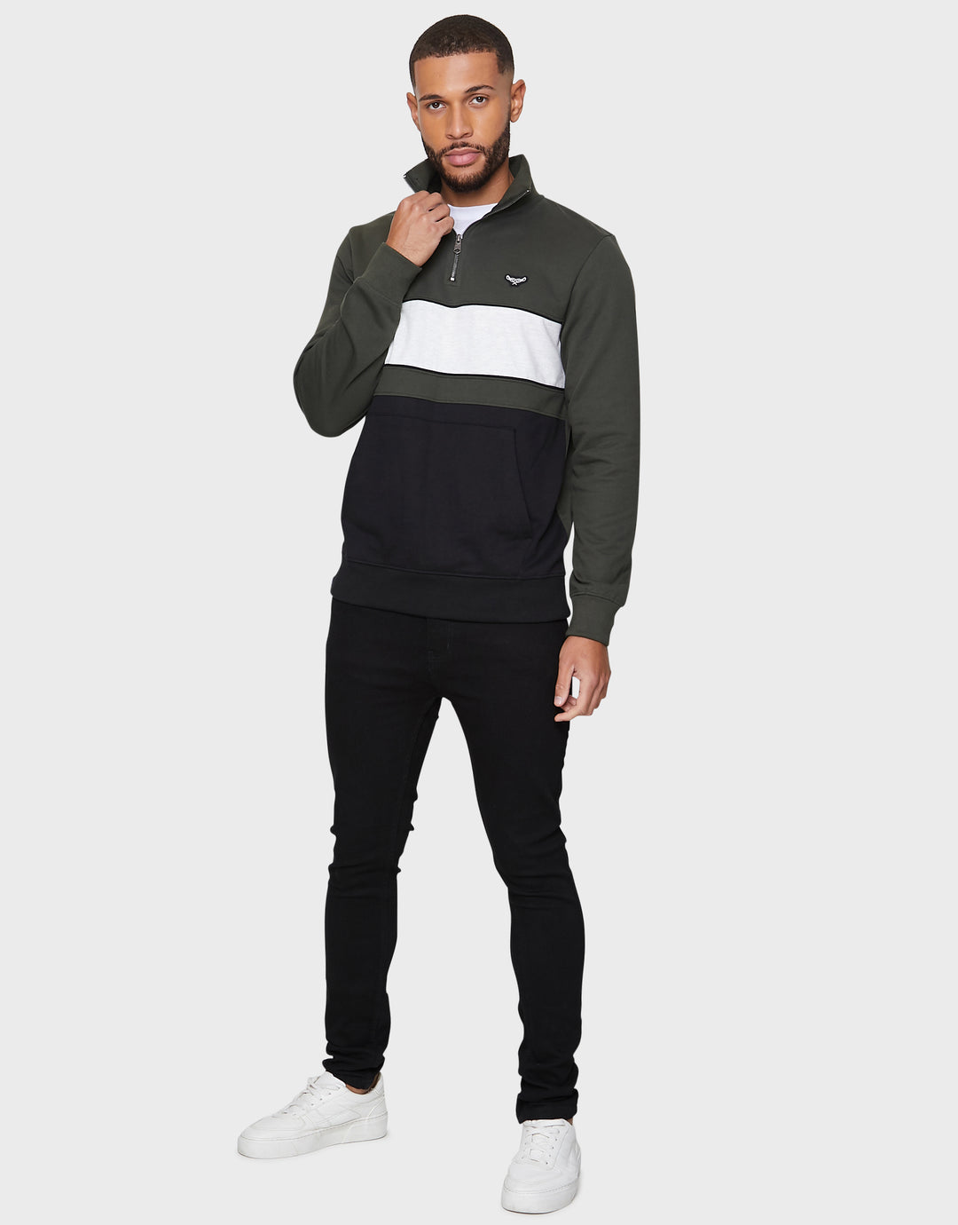 Dark Khaki Green Colourblock Quarter Zip Jumper