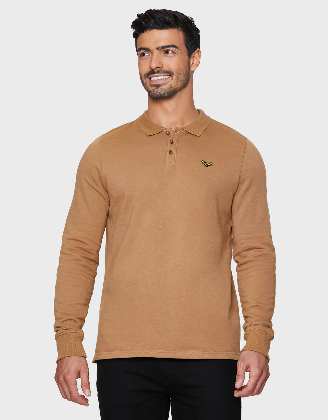 Camel Brown Long Sleeve Fleece Polo Shirt
