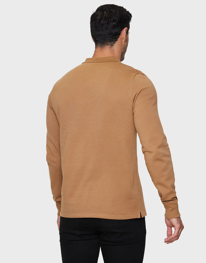 Camel Brown Long Sleeve Fleece Polo Shirt