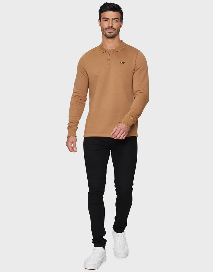 Camel Brown Long Sleeve Fleece Polo Shirt
