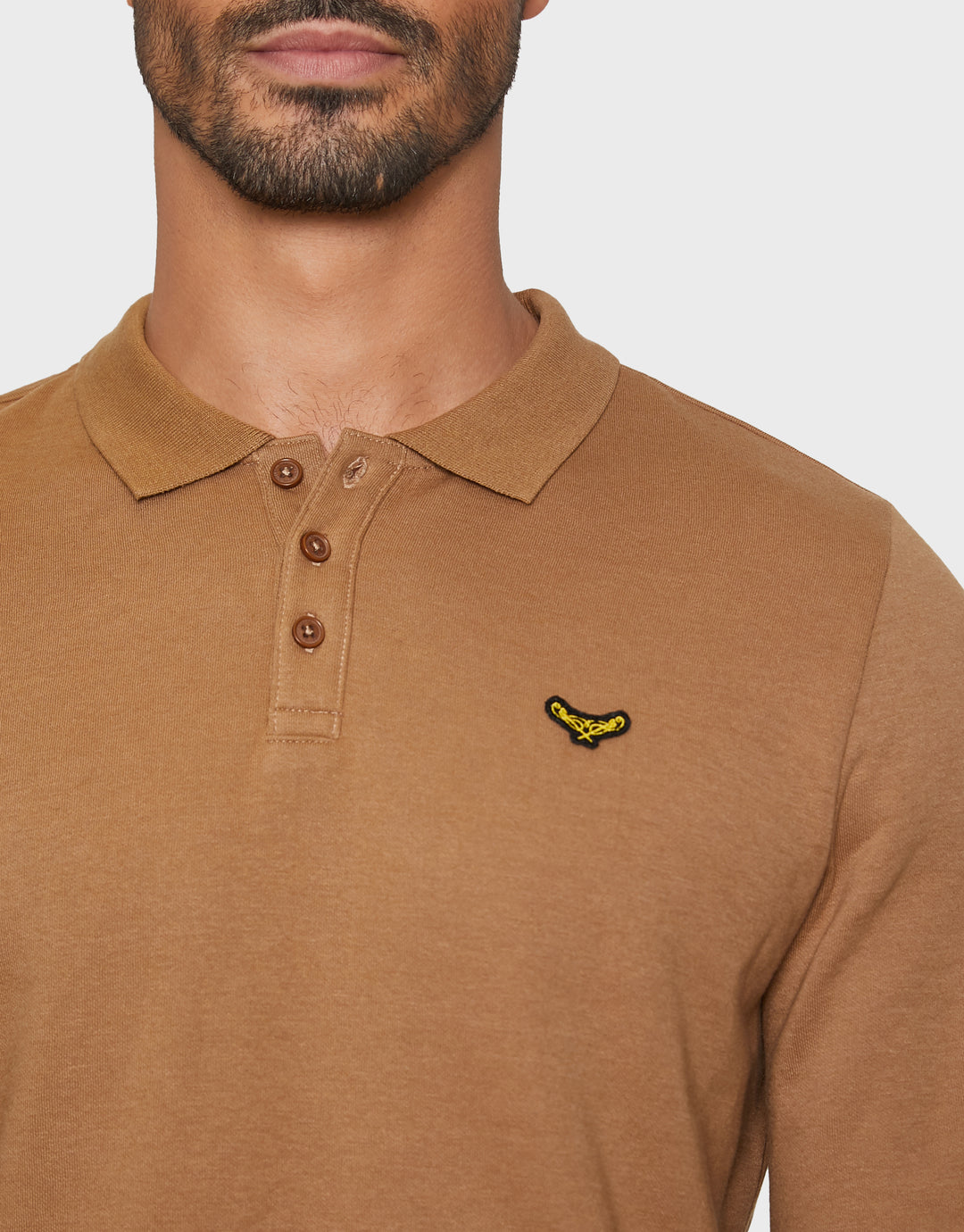 Camel Brown Long Sleeve Fleece Polo Shirt