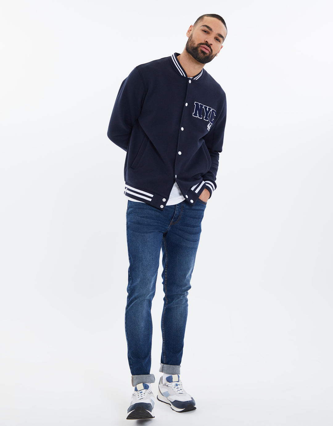 Navy Fleece Baseball Varsity Jacket