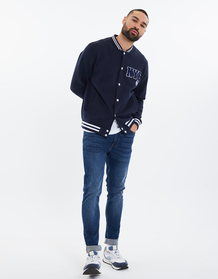 Navy Fleece Baseball Varsity Jacket