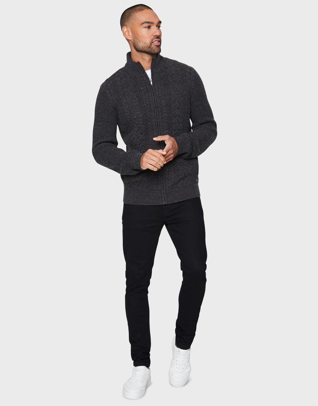 Charcoal Grey Cable Knit Zip Up Cardigan