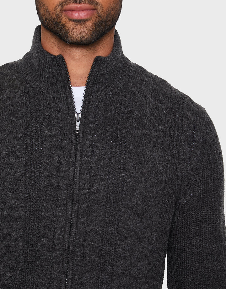 Charcoal Grey Cable Knit Zip Up Cardigan