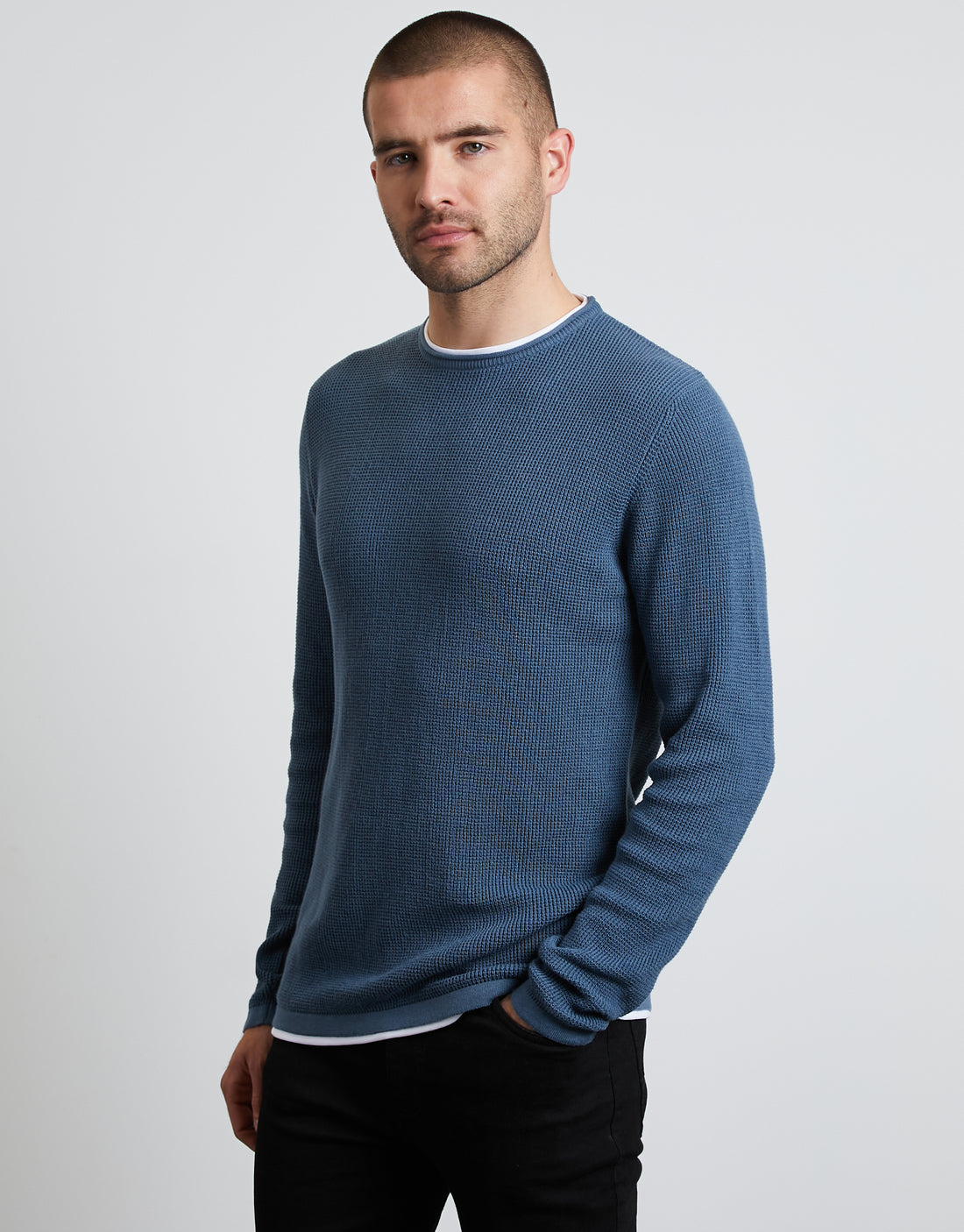 Men's Denim Blue Cotton Crew Neck Mock T-Shirt Knitted Jumper – Threadbare