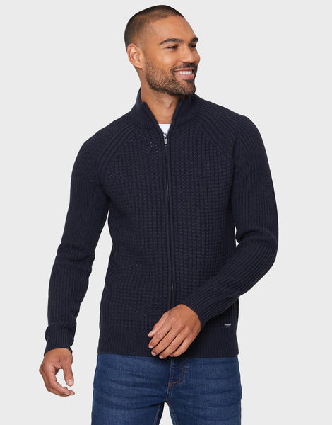 Men's Navy Blue Funnel Neck Raglan Rib Knit Zip-Through Cardigan ...