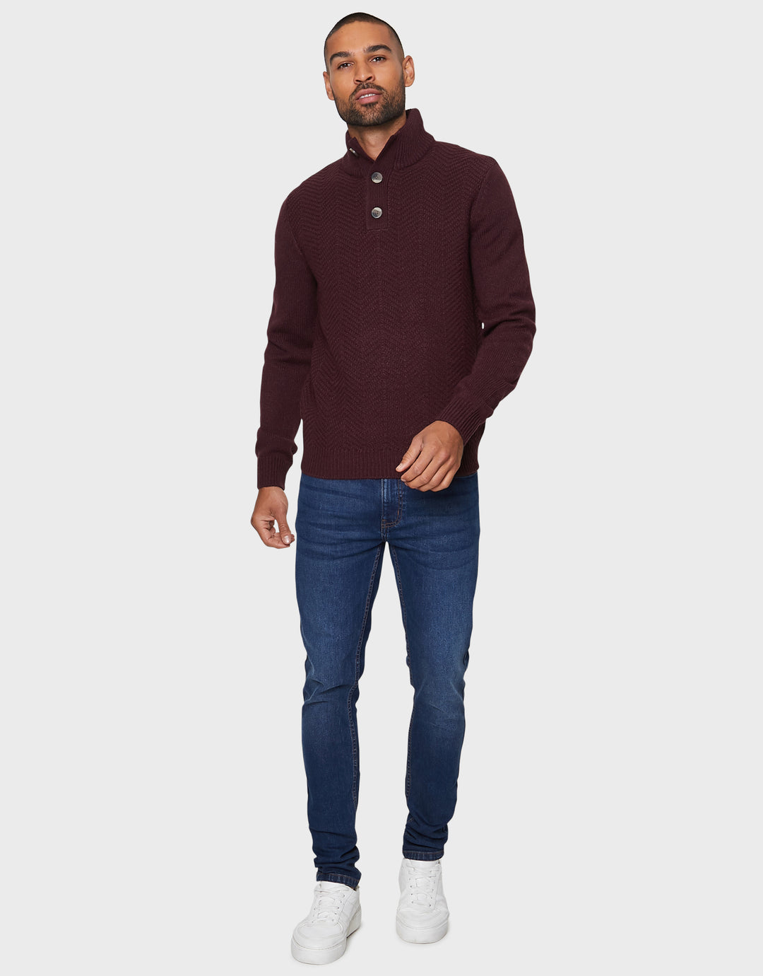 Burgundy Button Up Funnel Neck Jumper