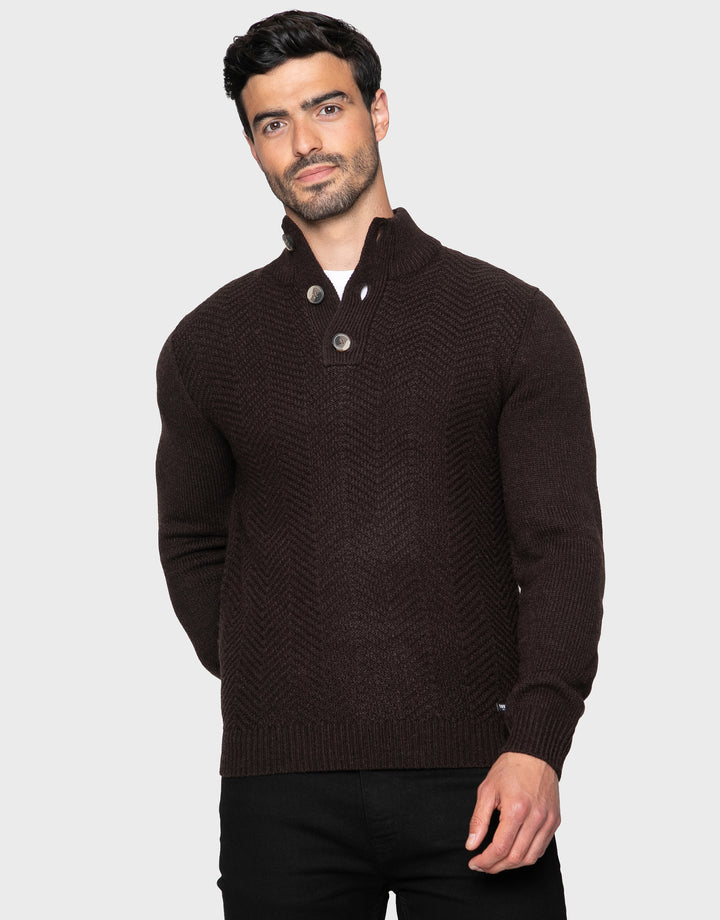 Chocolate Brown Button Up Funnel Neck Jumper
