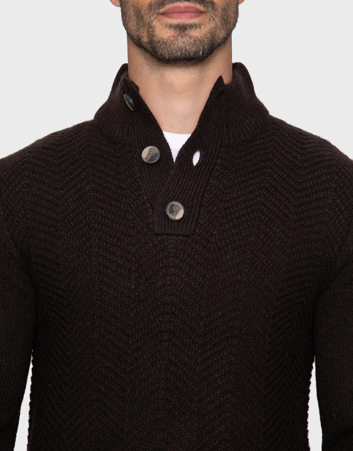 Chocolate Brown Button Up Funnel Neck Jumper