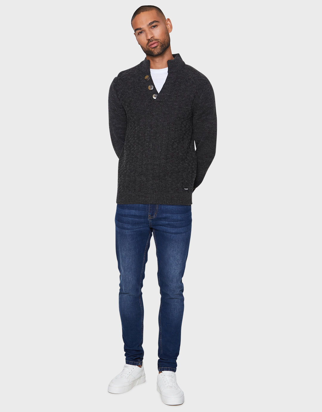Charcoal Grey Marl Open Button Turtleneck Jumper