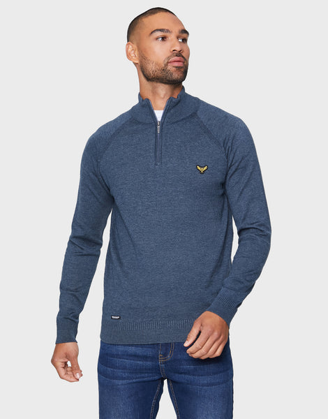 Men's Denim Twist Blue Funnel Neck Raglan Sleeve Quarter Zip Knitted ...