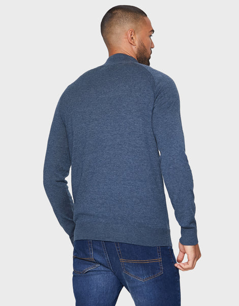 Men's Denim Twist Blue Funnel Neck Raglan Sleeve Quarter Zip Knitted ...