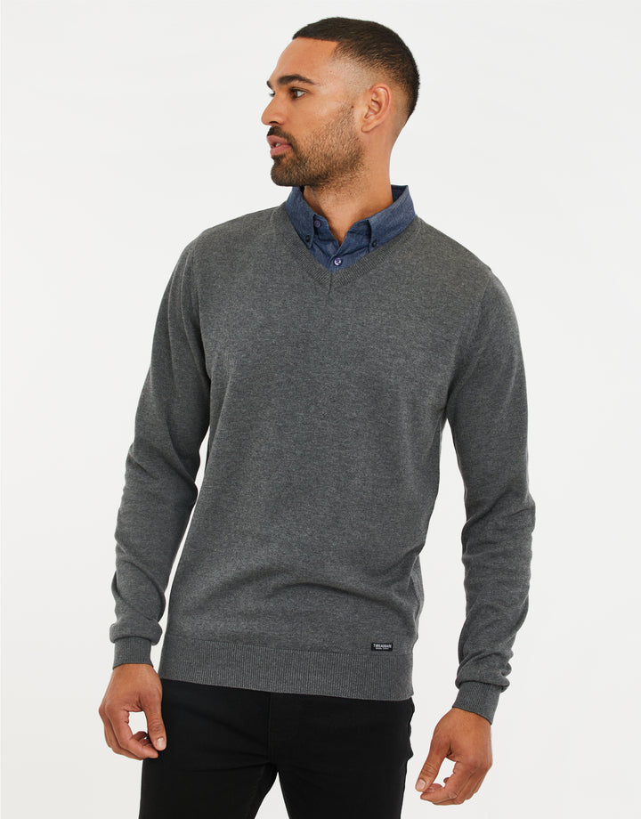 Mid Grey Marl V-Neck Mock Shirt Jumper