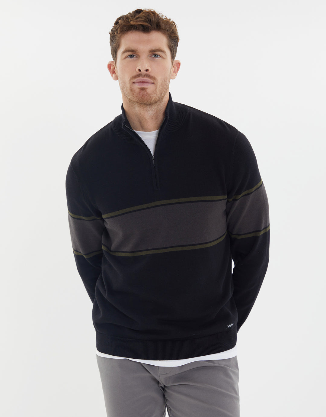 Black Colourblock Stripe Quarter Zip Jumper