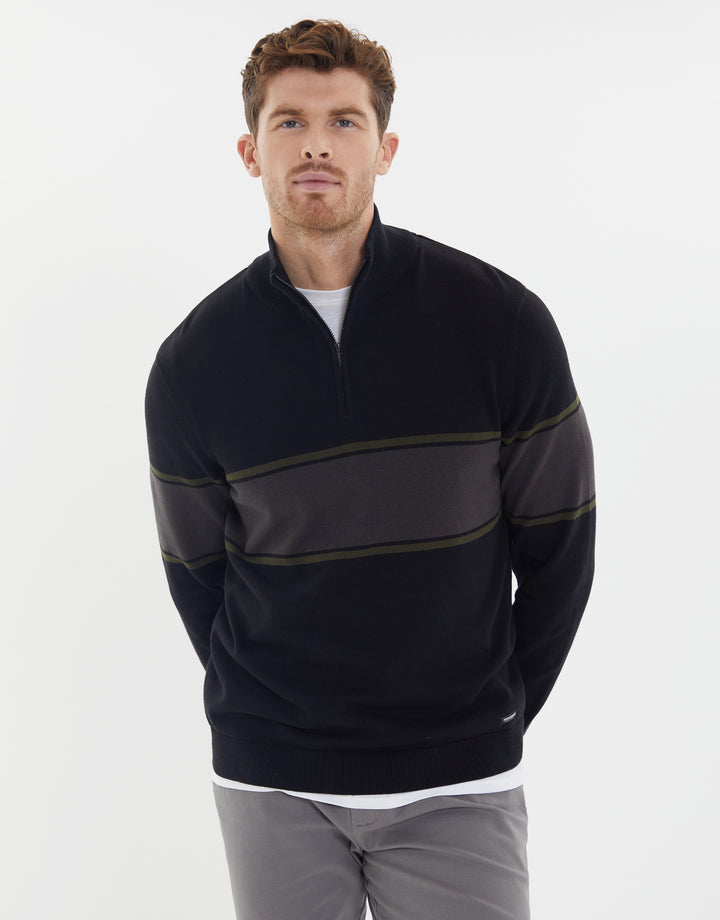 Black Colourblock Stripe Quarter Zip Jumper