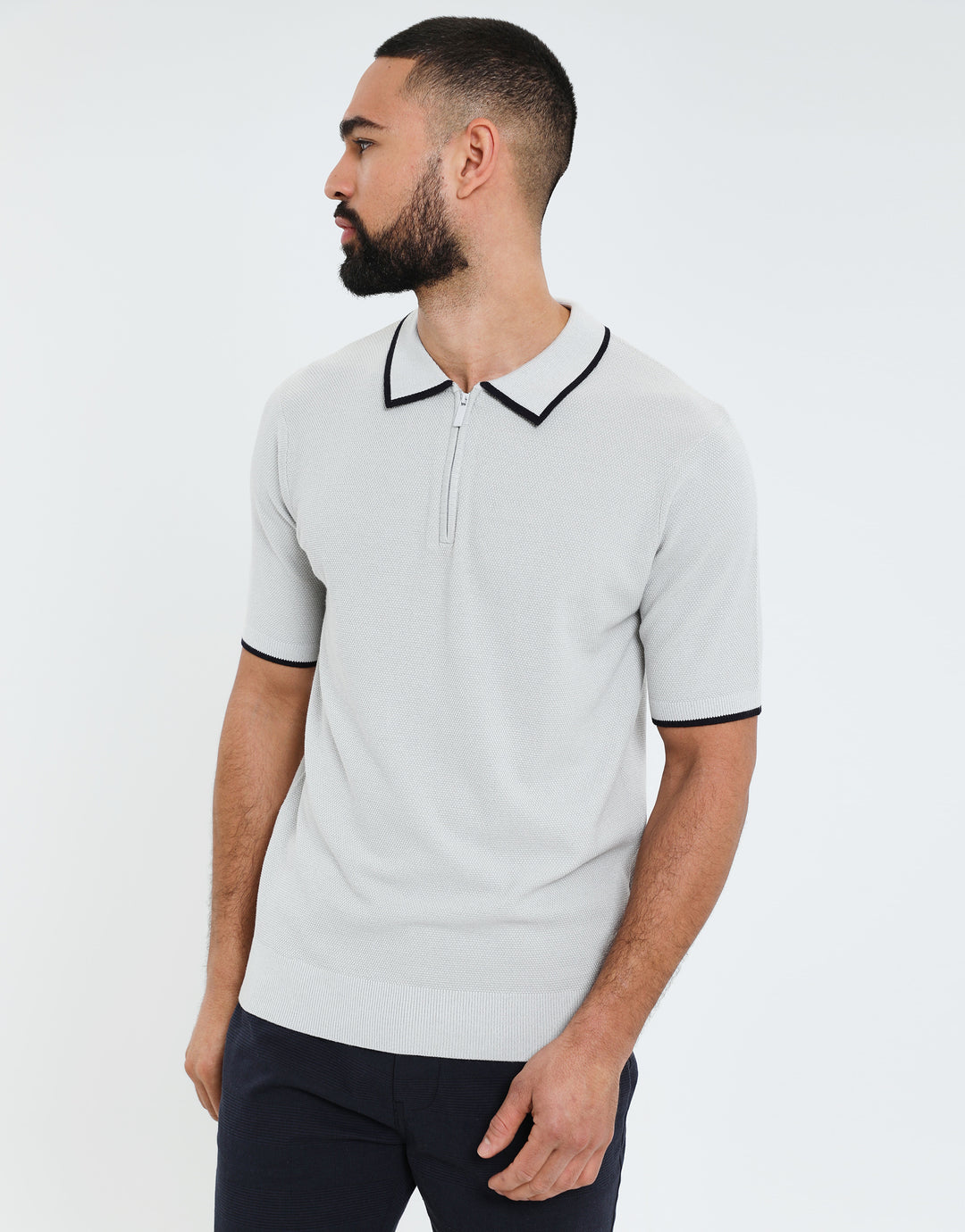 Threadbare Luxe Men's Grey Mist Quarter Zip Knitted Polo