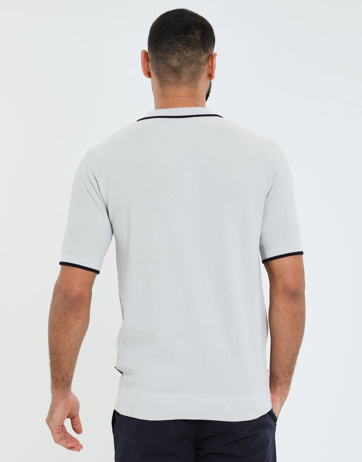 Threadbare Luxe Men's Grey Mist Quarter Zip Knitted Polo