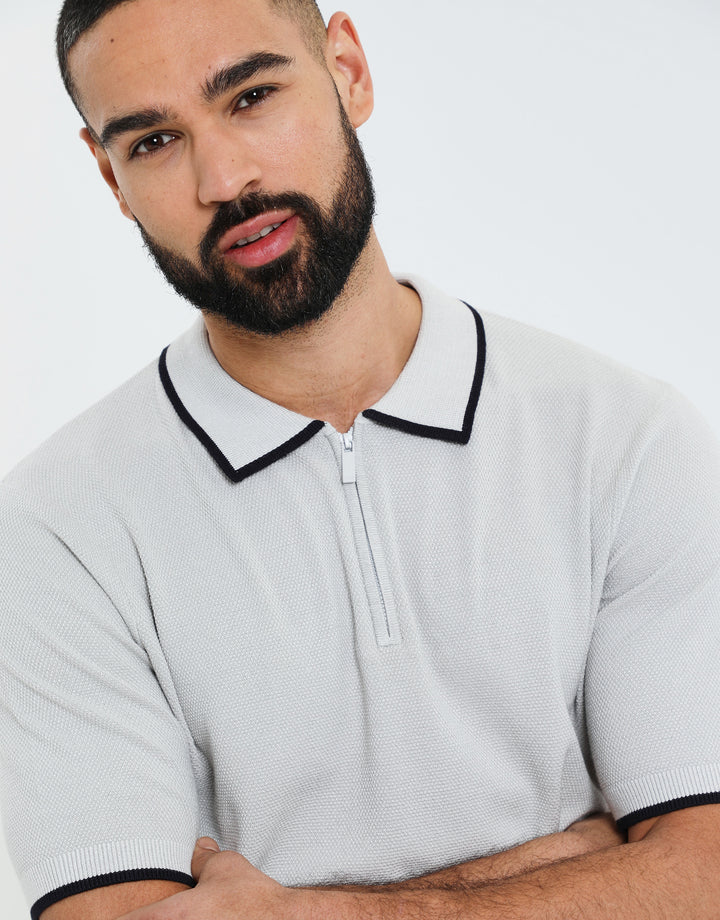 Threadbare Luxe Men's Grey Mist Quarter Zip Knitted Polo