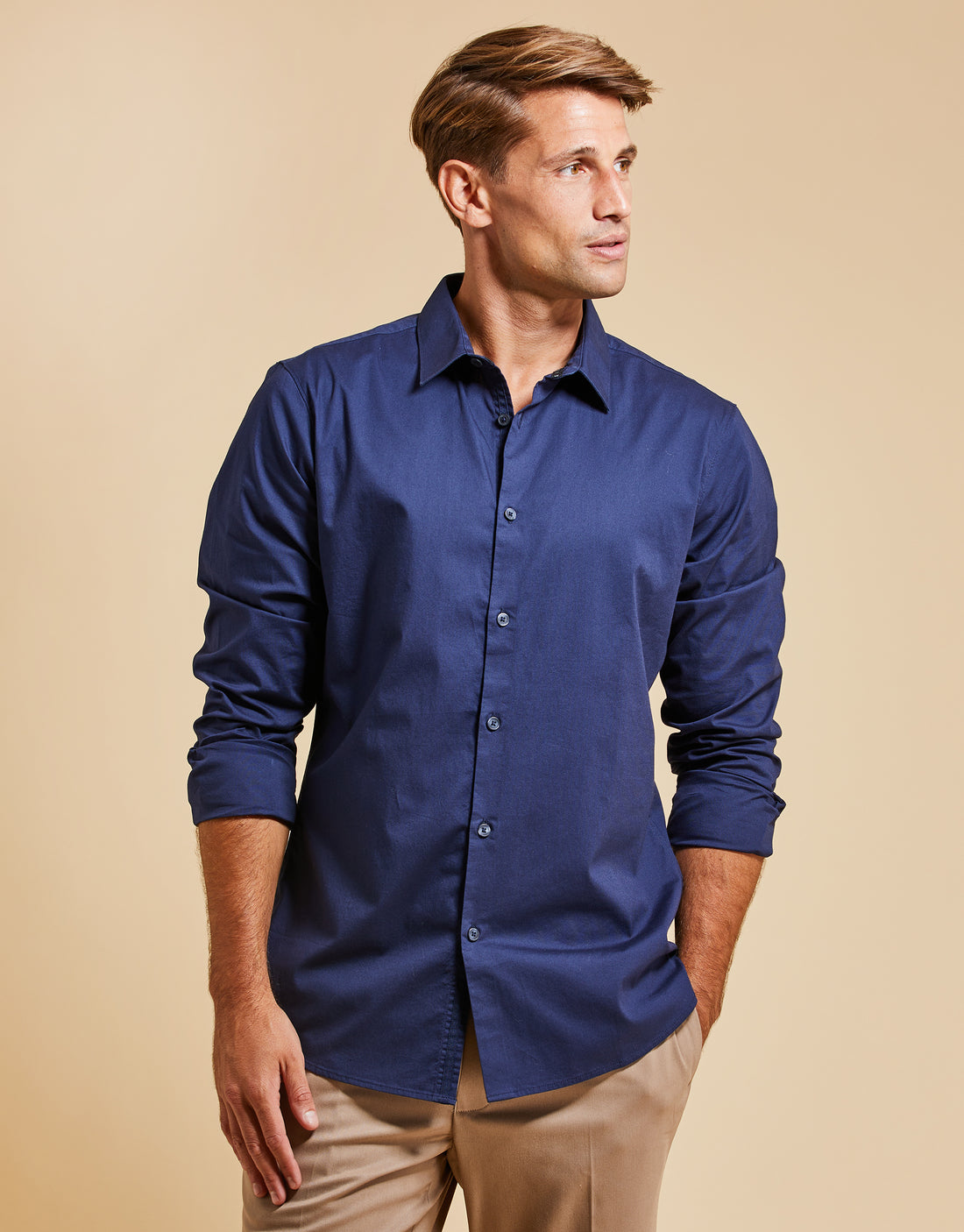 Threadbare Luxe Men's Navy Blue Cotton Mix Long Sleeve Shirt