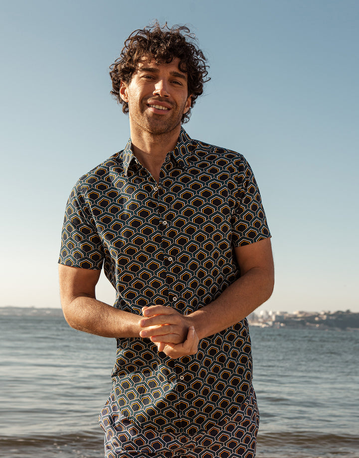 Navy Geometric Print Short Sleeve Shirt