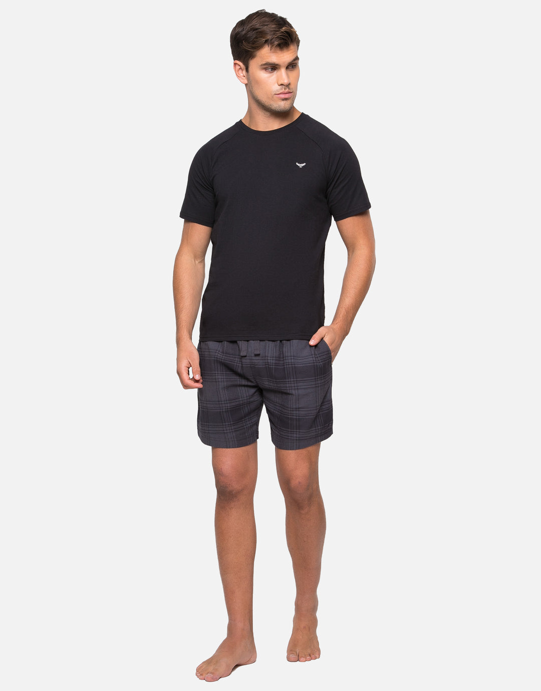 Black T-Shirt & Charcoal Check Shorts Pyjamas (2-Piece Set)
