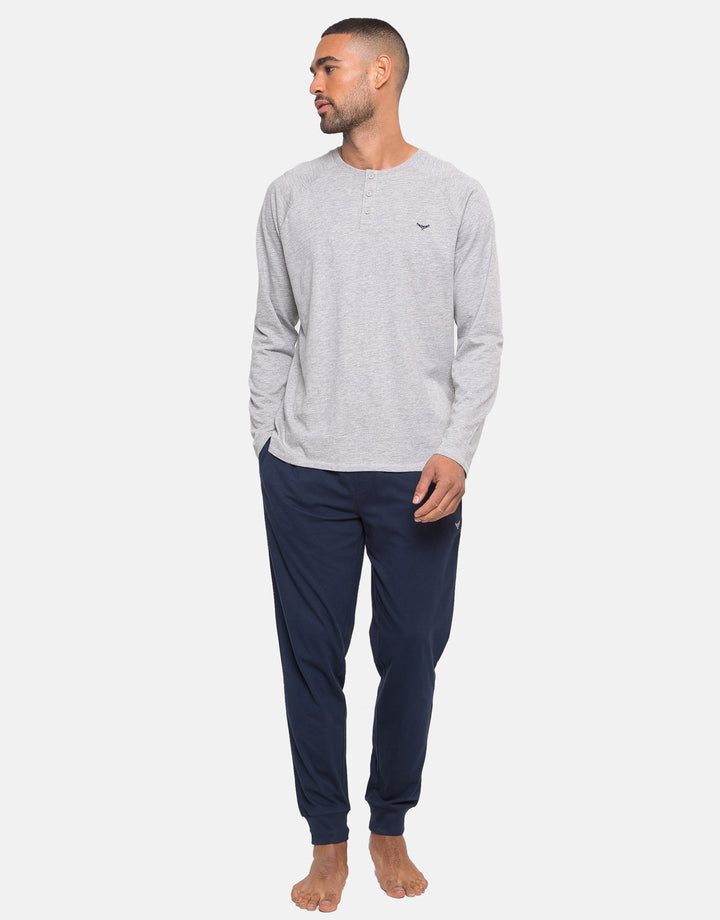Navy & Grey Pyjama Long Sleeve T-Shirt & Joggers (2-Piece Set)
