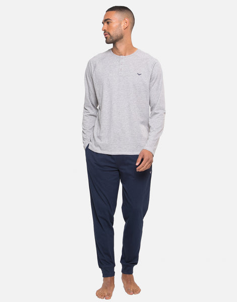 Men's Navy & Grey Loungewear Pyjama Long Sleeve T-Shirt & Joggers (2 ...